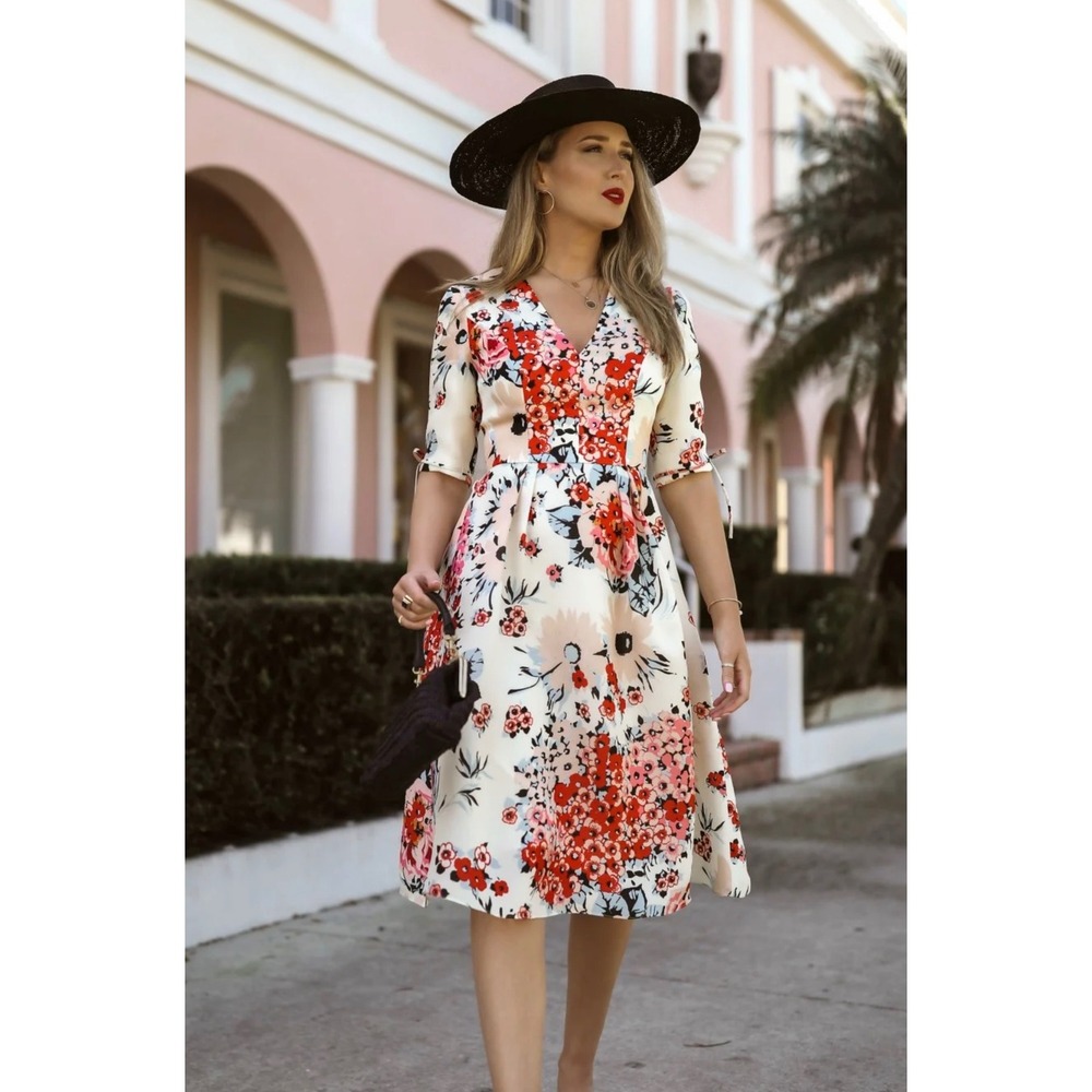 Carolina Herrera Mixed Floral Silk Hemp Midi Dress 4 Day Dress Designer Luxury